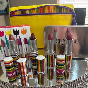 Clinique x Drawbertson 4 Brand New Lipsticks in a tin & Cosmetic Bag